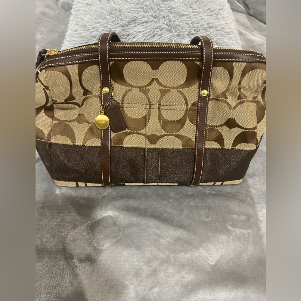 Coach Biege and Brown Signature Canvas and Leather Satchel Bag
